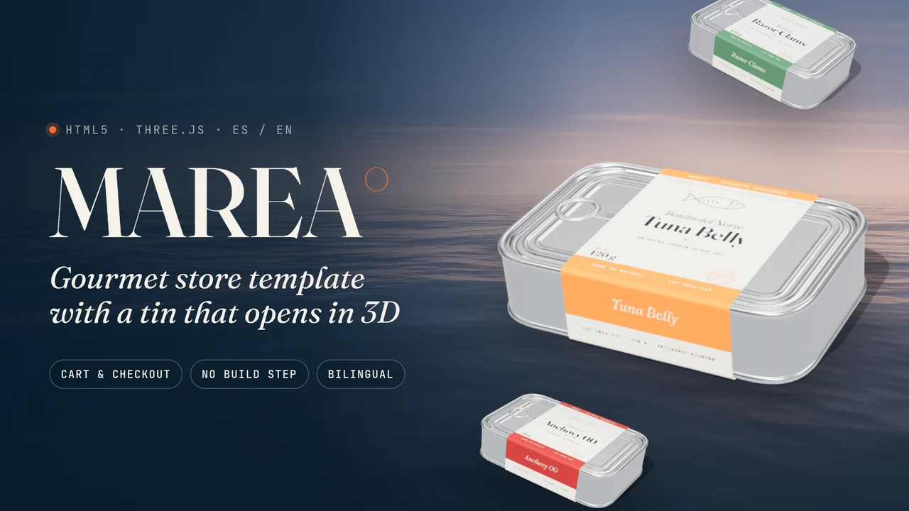 MAREA template: 3D tins of tuna belly, anchovies and razor clams over the sea at dusk