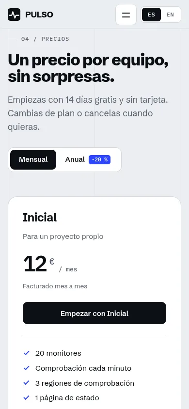 PULSO screenshot: Pricing on mobile